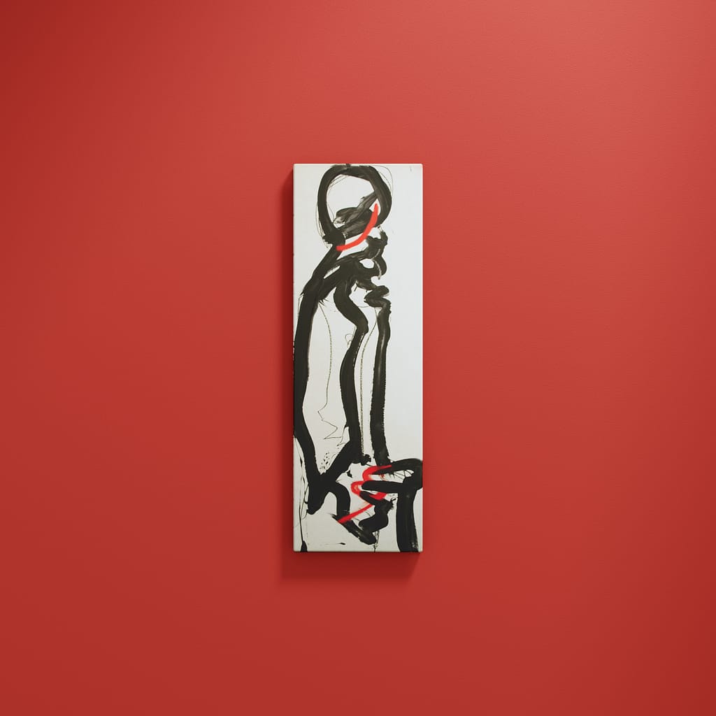 Abstrakte Malerei. Eine aufrechte Figur. Rot und Schwarz.